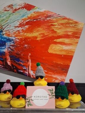 Yellow Rubber Duckie - Multicolor Handmade Knit Hat Home Art Accent